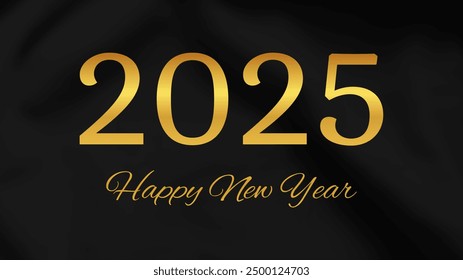 2025 Happy New Year background.  Modern greeting banner template with gold 2025 New Year numbers on crumpled dark silk background. Vector illustration