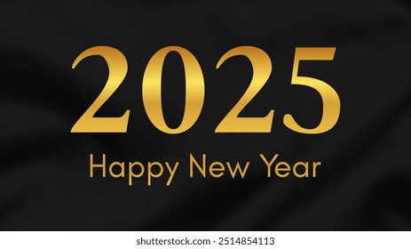 2025 Happy New Year background.  Modern greeting banner template with gold 2025 New Year numbers on crumpled dark silk background. Vector illustration