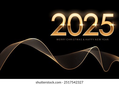 2025 Happy New Year background. Greeting card template with gold numbers and curved wave on black. Christmas horizontal social media banner design with congratulations. Festive vector illustration.