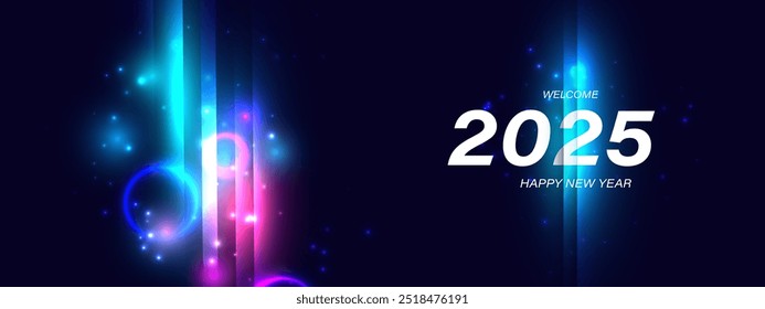 2025 Feliz Año Nuevo Fondo con efecto de luz de neón. concepto para tarjeta de felicitación, Anuncio y Fondo de pantalla.