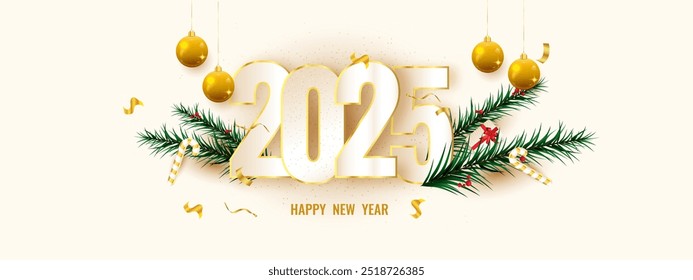 2025 Happy New Year Background with festive christmas ornaments. Design for greeting card, banner and wallpaper. Vector illustration.