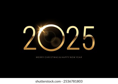 2025 Happy New Year background. Greeting card with gold numbers template. Festive Christmas horizontal social media banner design with congratulations. Realistic vector illustration on black.