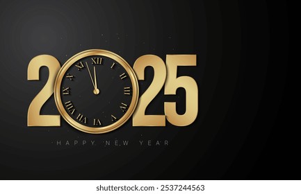 2025 Happy New Year Background Design with golden number and antique golden clock. Greeting Card, Banner, Poster. Vector Illustration.