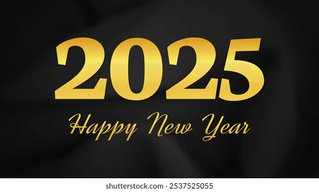 2025 Happy New Year background.  Modern greeting banner template with gold 2025 New Year numbers on crumpled dark silk background. Vector illustration