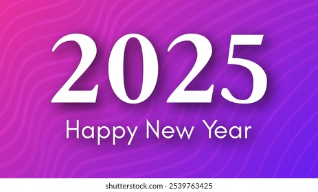 2025 Feliz Ano Novo fundo.  Modelo de banner de saudação moderna com números de Ano Novo branco 2025 no fundo abstrato roxo com linhas. Ilustração vetorial