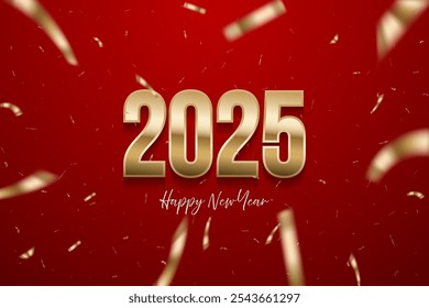 2025 Feliz Año Nuevo de fondo. Plantilla de tarjeta de felicitación con números de oro y confeti. Navidades festivas Horizontales diseño de Anuncio de redes sociales con felicitaciones. Ilustración vectorial en rojo.