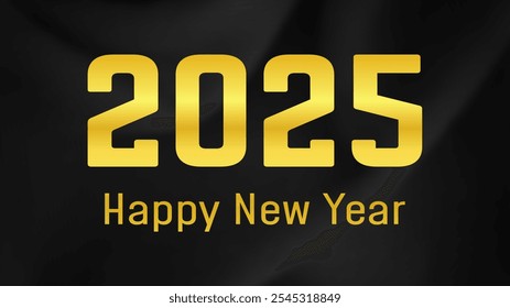 2025 Happy New Year background.  Modern greeting banner template with gold 2025 New Year numbers on crumpled dark silk background. Vector illustration