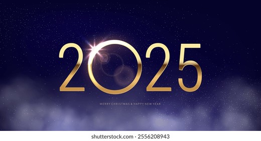 2025 Happy New Year background. Greeting card with gold numbers template on night purple blue sky with shining stars, cosmic dust and white clouds in the bottom. Festive Christmas vector illustration.