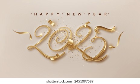 2025 Happy New Year banner with golden 3d realistic number and falling confetti . Celebration New Year's Eve bright background