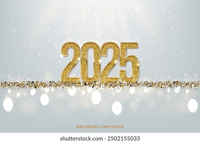 2025 Feliz Año Nuevo Plantilla de Vector de Anuncio. Vacaciones de invierno, felicitaciones de Navidades. Postal festiva, concepto de tarjeta de felicitación de lujo. Número de oro con ilustración de brillo dorado con espacio de texto.