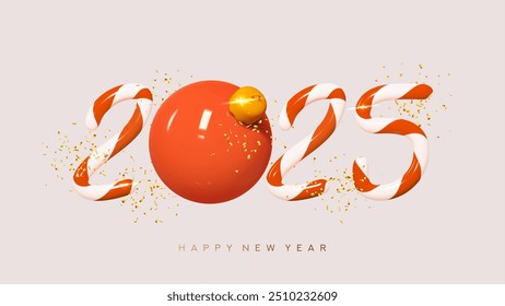 2025 Happy New Year banner. 3d candy number 2025 with red plastic Christmas ball and golden confetti. Happy New Year holiday sign. Christmas decoration. Vector illustration.
