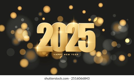 2025 Happy New Year banner. Gold color. New Year 2025 bright festive holiday background. Bokeh lights. Vector illustration.