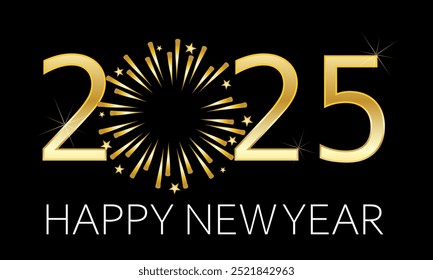 2025 Happy New Year banner with gold lettering and a firework burst