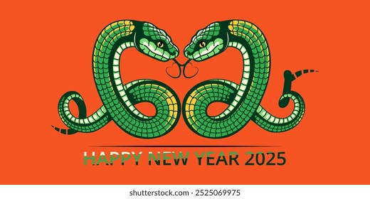 2025 Feliz Año Nuevo Anuncio. Año de la serpiente del calendario chino. Símbolo del zodiaco del horóscopo de la serpiente de madera verde lindo. Astrología lunar asiática para tarjeta de felicitación, cubierta, pegatina. Ilustración vectorial.