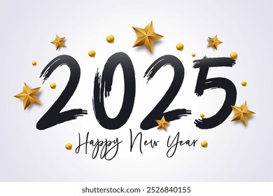 2025 Happy New Year banner background with brush and calligraphic handwritten message. Vector celebration design. Holiday greetings and new year's eve events with christmas stars and balls elements