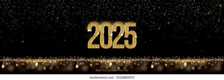 2025 Frohes neues Jahr Banner Vektorvorlage. Winterurlaub, Weihnachten Glückwunsch. Festliche Postkarte, luxuriöses Grußkartenkonzept. Goldene Nummer mit goldener Glitzergrafik mit Textraum.