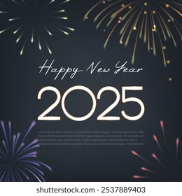 2025 Happy new year banner with golden numbers and fireworks. Vector illustration