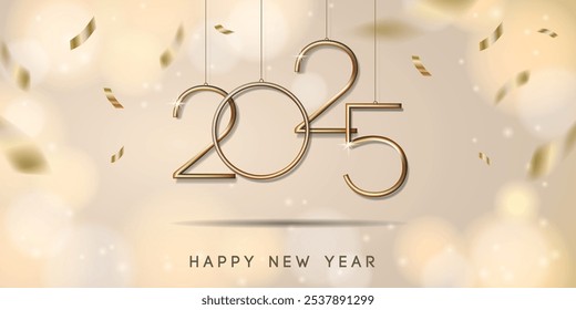 2025 Happy new year banner with hanging golden numbers and confetti. Vector illustration