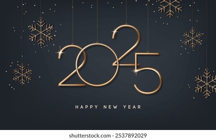 2025 Happy new year banner with hanging golden numbers and snowflakes. Vector illustration