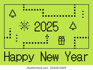 2025 Happy New Year banner with electronic video game snake, pixel trees, gift and snowflake. Nostalgia art. Memories vector illustration. Futuristic pattern. Geometric graphics. Christmas frame.