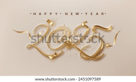 2025 Happy New Year banner with golden 3d realistic number and falling confetti . Celebration New Year's Eve bright background