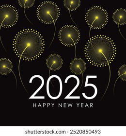 2025 Happy New Year black background. Gold firework shining in light with sparkles abstract celebration. Greeting festive card