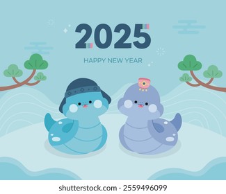 2025 Happy New Year blue snake illustration poster cover vector korea
