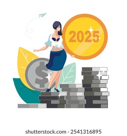 2025. Happy New Year. Business lady holds a golden penny with the numbers 2025 in her hand. Business finance, presentation. Profit of silver coins. Investments in money management. Vector illustration