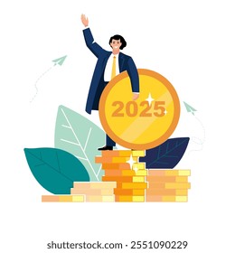 2025. Happy New Year. Businessman greeting, holding golden penny with numbers 2025. Business finance, presentation. Profit of silver coins Investments in capital management, poster.Vector illustration