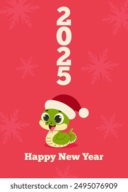 2025 Happy New Year card with cute snake in Santa hat on red snowflake background. Happy Chinese new year. Year of snake. Vector card