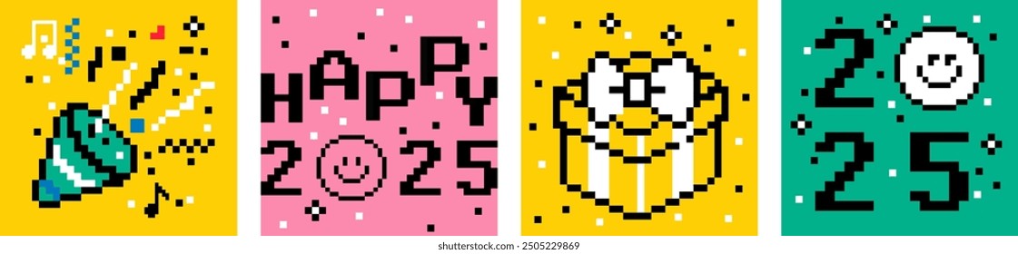 2025 Happy New Year card set in pixel art. Minimalistic design for celebration, season decoration, banner, cover, sticker. Pixels Y2k trendy playful background. 8-bit vector illustration. Game style