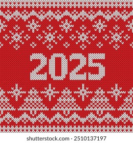 2025 Happy New Year card. Knitted pattern with Christmas tree and snowflakes. Seamless red and white handmade background with digits. Nerdy vibe, ugly sweater design element