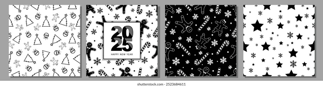 2025 Happy New Year Card. Christmas and New year Holiday Silhouette Pattern. Decorative Elements Texture for Greeting card, Gift Wrapping paper, Card or Banner Template or Fabric Textile Prints.