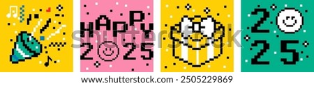 2025 Happy New Year card set in pixel art. Minimalistic design for celebration, season decoration, banner, cover, sticker. Pixels Y2k trendy playful background. 8-bit vector illustration. Game style