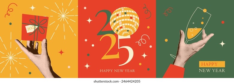 2025 Happy new year cards with Hands holding Giftbox, glass of champagne. Trendy halftone collage art. Vintage muted Design for poster, banner or greeting card. Vector flat Illustration.