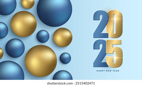 2025 Happy New Year celebration banner with gold and blue colored Christmas balls. Vector illustration.