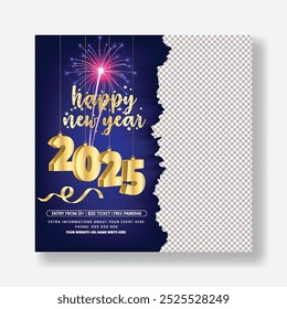 2025 Feliz año Nuevo fiesta de celebración publicación en redes sociales y volante cuadrado o Plantilla de póster, 2025 Feliz año Nuevo Diseño de fondo. Tarjeta de felicitación del año Nuevo, Anuncio, tarjeta del deseo, Ilustración vectorial