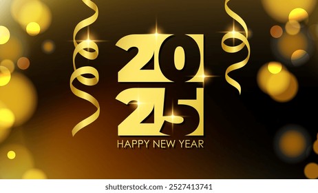 2025 Happy New Year celebration banner. Serpentine ribbons. Bright blurred bokeh lights. Vector illustration.