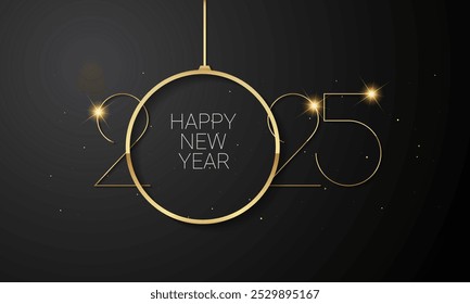 2025 Happy New Year Celebration Design with Golden Number on Black Background. Greeting Card, Banner, Poster. Vector Illustration.