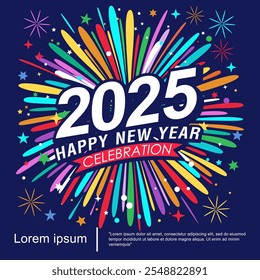 2025 Frohes Neujahrsfest einzeln mit rotem Band, Feuerwerk und Funkeln. Vorlage für Vektorgrafik für Web, Flyer, Poster, Einladungskarte oder Grußkarte