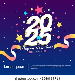 2025 Happy New Year celebration isolated with red ribbon, firework and sparklers. vector illustration template design for web, flyers, poster, invitation card or greeting card