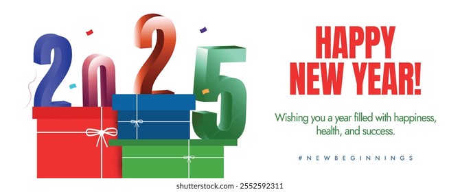 2025 Happy new year. Happy new year celebration cover banner, social media post, wishing card with colourful gifts and numbers 2,0,2,5. Christmas holidays Celebration banner template. 