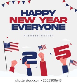 2025 Happy New Year. New year 2025 celebration banner with USA flags, Text written in USA flag colours. 2025 celebrations in United states of America. Holiday season.