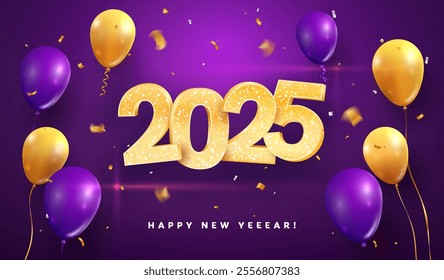 2025 Happy new year celebration vector illustration. Golden Christmas numbers and balloons on purple background.