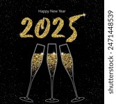 2025 Happy New Year. Champagne glasses vector illustration. Restaurant glassware. Bubbly in glass. Champagne glasses, fizzy champaign in goblet. Holiday golden glitter confetti. 2025 New Year