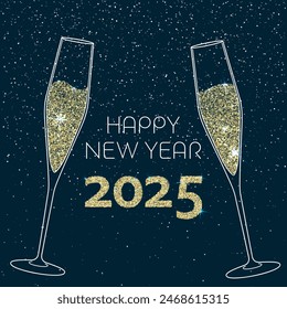 2025 Happy New Year. Champagne glasses vector illustration. Restaurant glassware. Bubbly in glass. Champagne glasses, fizzy champaign in goblet. Holiday golden glitter confetti. 2025 New Year snow