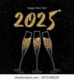 2025 Happy New Year. Champagne glasses vector illustration. Restaurant glassware. Bubbly in glass. Champagne glasses, fizzy champaign in goblet. Holiday golden glitter confetti. 2025 New Year