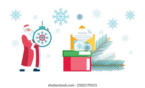 2025. Happy New Year 2025. New Year and Christmas gifts. Santa Claus collects a holiday basket, greeting cards and Christmas tree toys. Fir branches, holiday. Snowflakes, calendar. Vector illustration