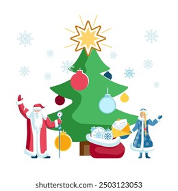 2025. Happy New Year 2025. New Year and Christmas gifts. Santa Claus, Snow Maiden collects a holiday bag, greeting cards and Christmas tree toys. Christmas tree, people, calendar. Vector illustration