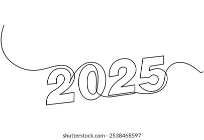 2025 Happy New Year . Christmas symbols 2025 .Continuous one line drawing.2025 one continuous line drawing element. Minimalist New year symbol with editable stroke. Vector illustration